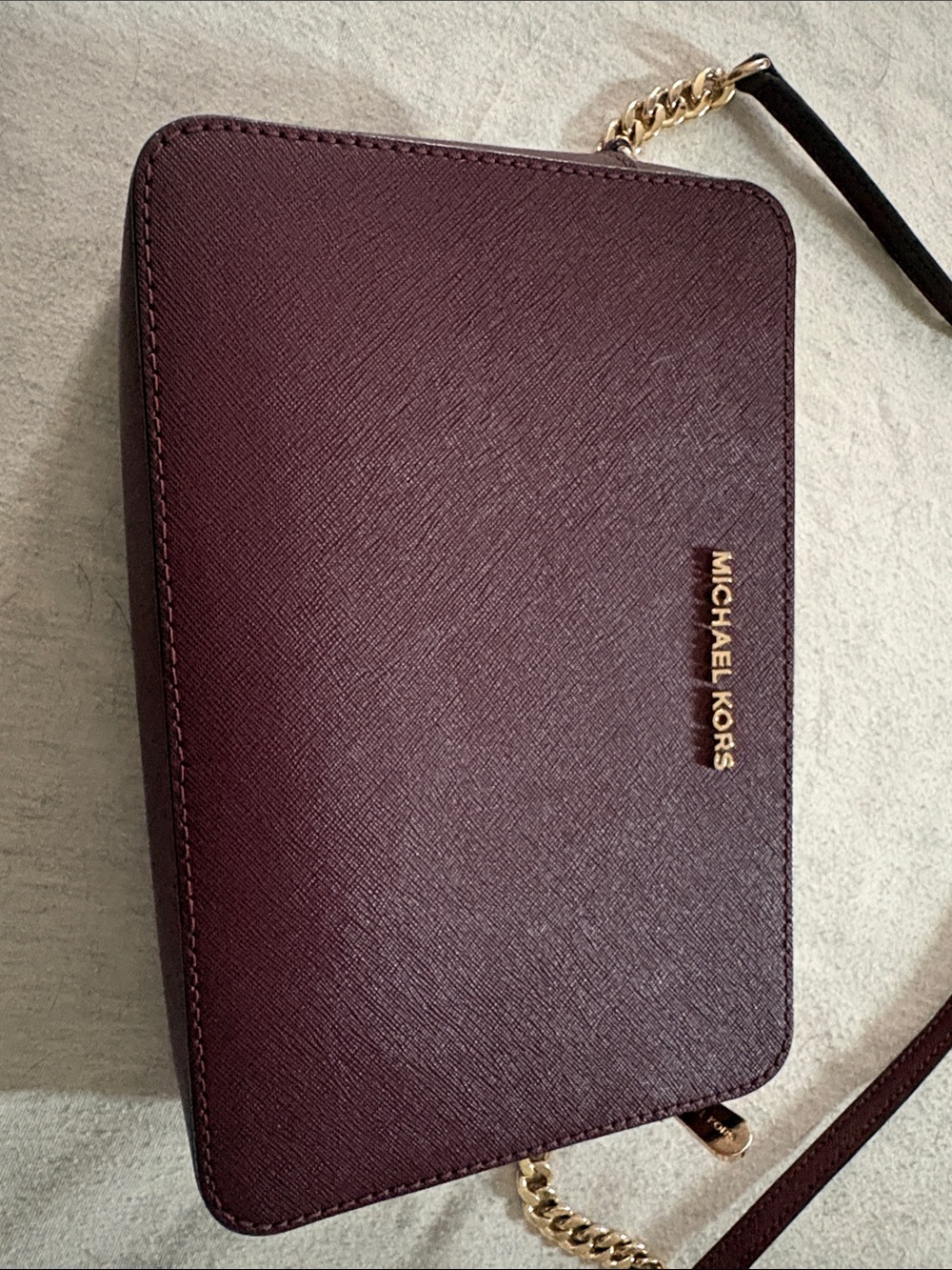 Michael Kors Women’s Wine Saffiano Leather Crossbody with Gold Chain